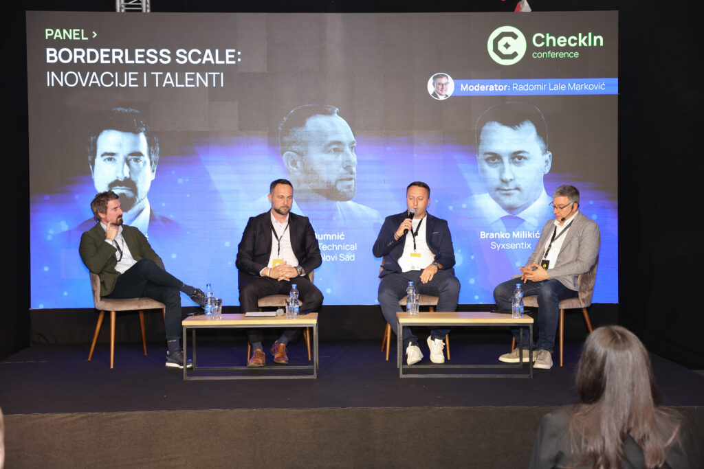 Ivan Pribicevic speaking during a panel discussion on Artificial Intelligence, talent development, and innovation at CheckIN Conference 2026 in Novi Sad